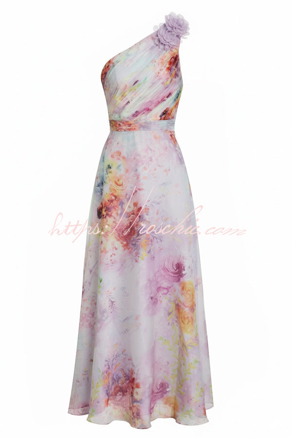 Verne Chiffon 3D Floral One Shoulder Pleated Sleeveless A-Line Gown Maxi Dress