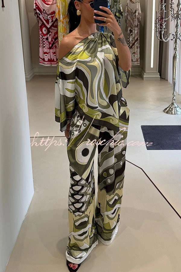 Luxe Resort Satin Unique Print Cape-style Top and Elastic Waist Pocket Wide Leg Pants Set