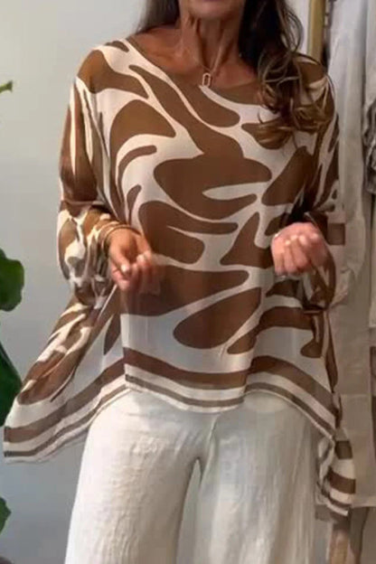 Irregular Print Round Neck Batwing Sleeve Chiffon Loose Top