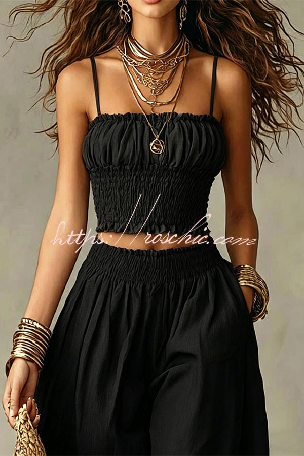 Olive Gypsy  pleated crop top and high-waisted wide-leg pants set