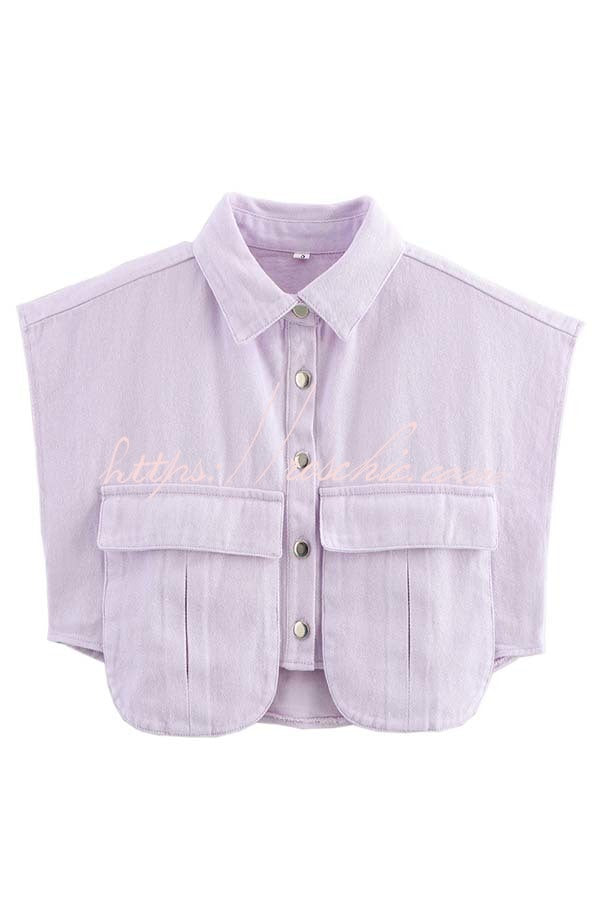 Stylish Weekend Denim Button Up Cape Sleeve Pocket Crop Top