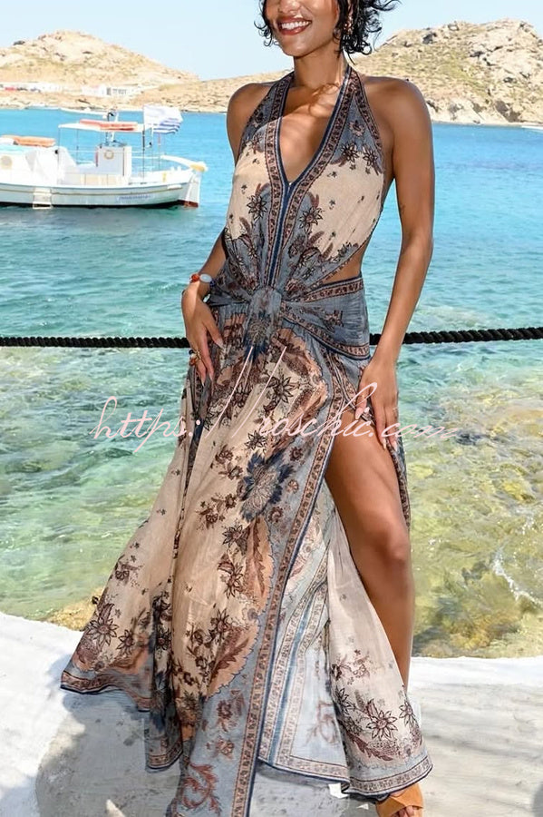 Chapel Linen Blend Floral Print Cutout Tie-up Waist Pocket Halter Backless Maxi Dress