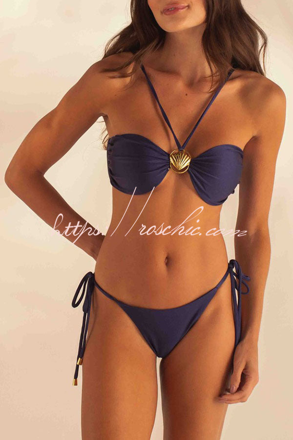 Metal Shell Straps Elastic Bikini and Slit Cover-up Dress Three-piece Set