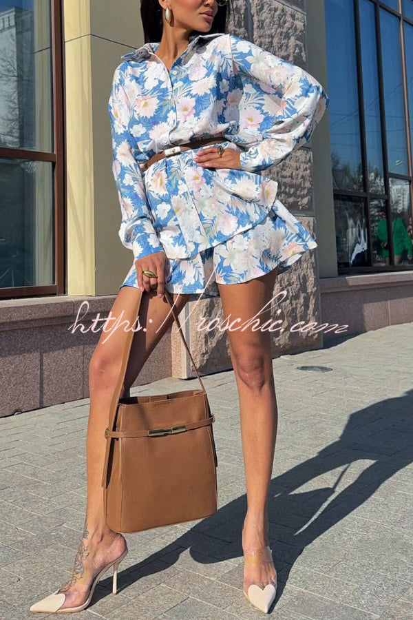 Botanical Print Collared Long-sleeved Loose-fitting Shirt and Elastic Waist Casual Shorts Set