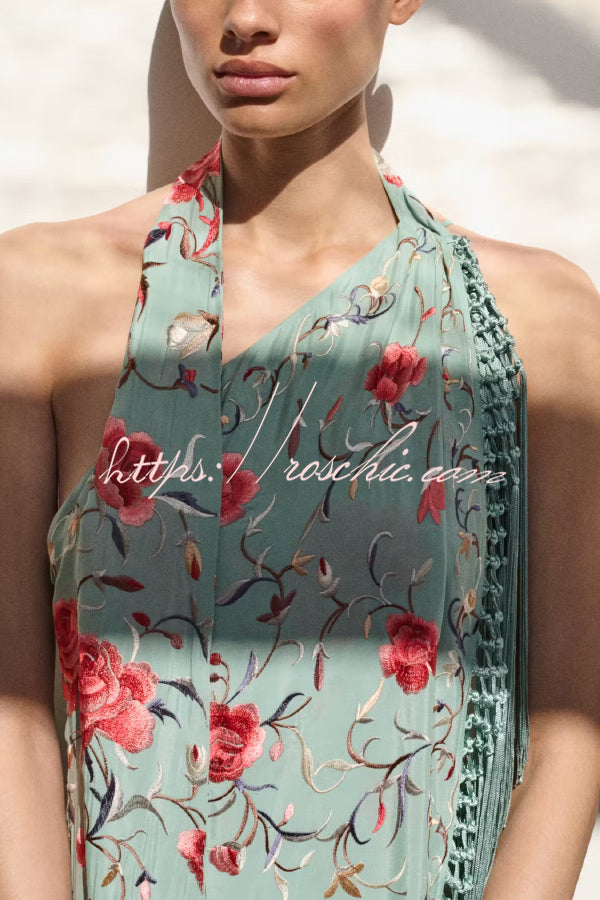Floral Print Halter Neck Sleeveless Elegant Tassel Maxi Dress