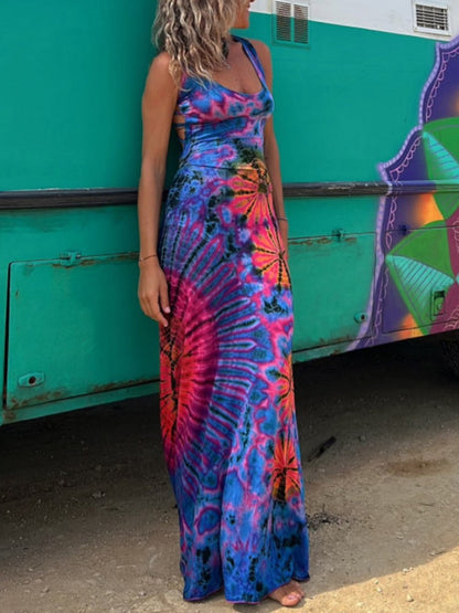 Abstract Floral Printing Backless Dress