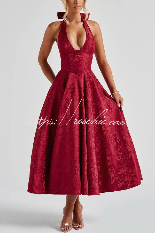 Stylish Jacquard Halter Neck Fitted Waist Open Back Elegant Midi Dress