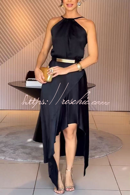 Terez Satin Metallic Belt Halter Neck Irregular Hem Slit Maxi Dress