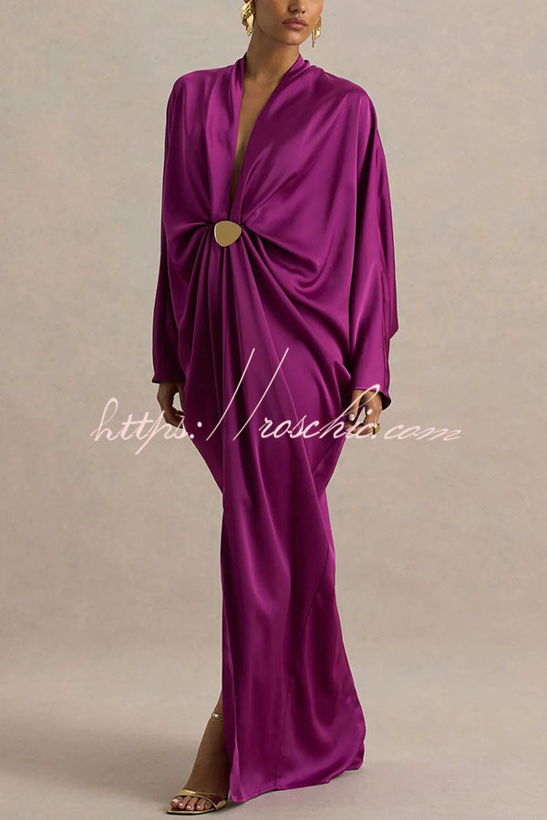 Tina Satin Plunge V-neck Gold Trim Detail Long Batwing Sleeve Maxi Dress