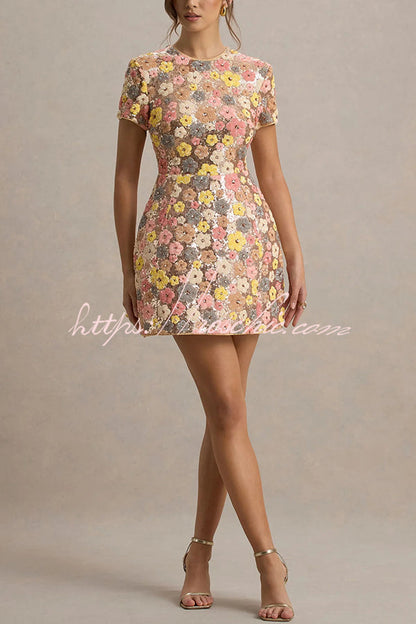 80's Inspired Floral Print Sequin Short Sleeve Stretch Mini Dress