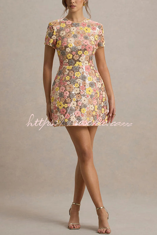 80's Inspired Floral Print Sequin Short Sleeve Stretch Mini Dress