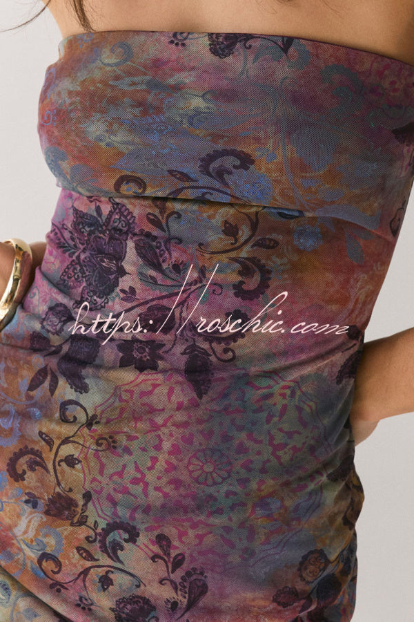 Mesh Tie-dye Slit Strapless Maxi Dress