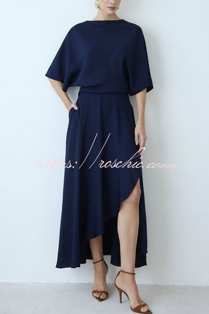 Modern and Elegant Satin Half Wide Sleeve Wrap Style Pocket Slit Loose Maxi Dress