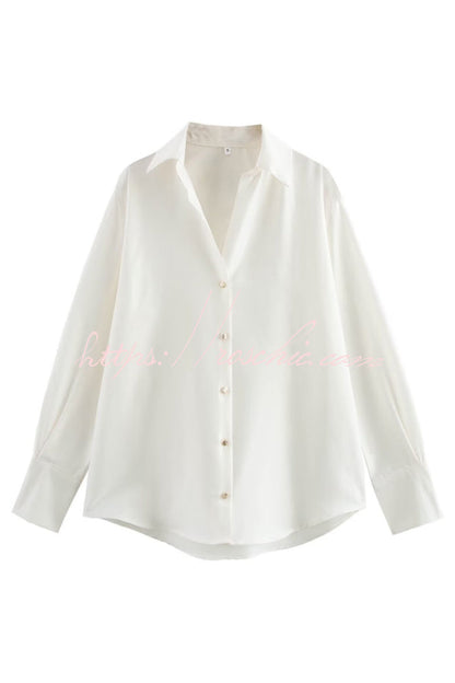 Solid Color Silk Satin Texture Single-breasted Long-sleeved Loose Shirt