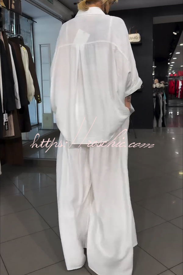 Street Style Graffiti Print Button Half Sleeve Blouse and Elastic Waist Pocket Wide Leg Pants Set