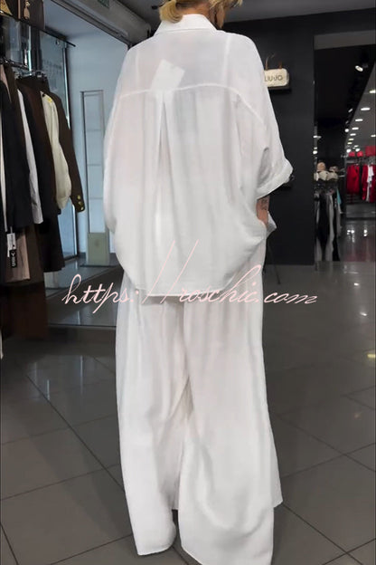 Street Style Graffiti Print Button Half Sleeve Blouse and Elastic Waist Pocket Wide Leg Pants Set