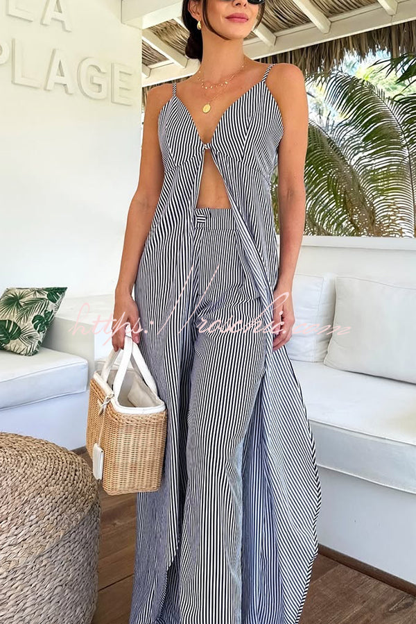 Striped Print Sleeveless Long Casual Top and Loose Straight Pants Set