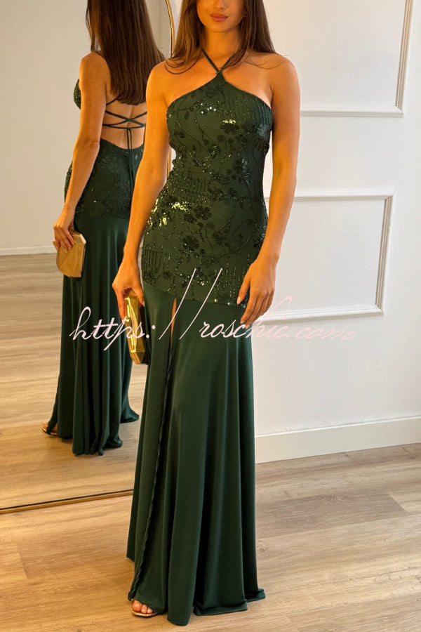 Fashionable Sequined Halter Neck Elegant Slim-fit Slit Maxi Dress