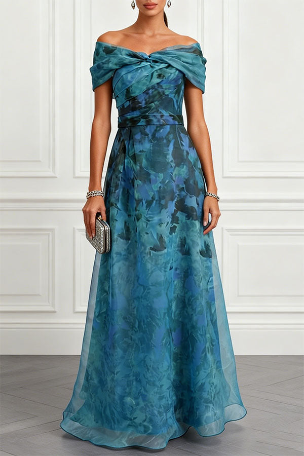 Rosalyn Mesh Floral Print Ruched Off Shoulder Gown Maxi Dress