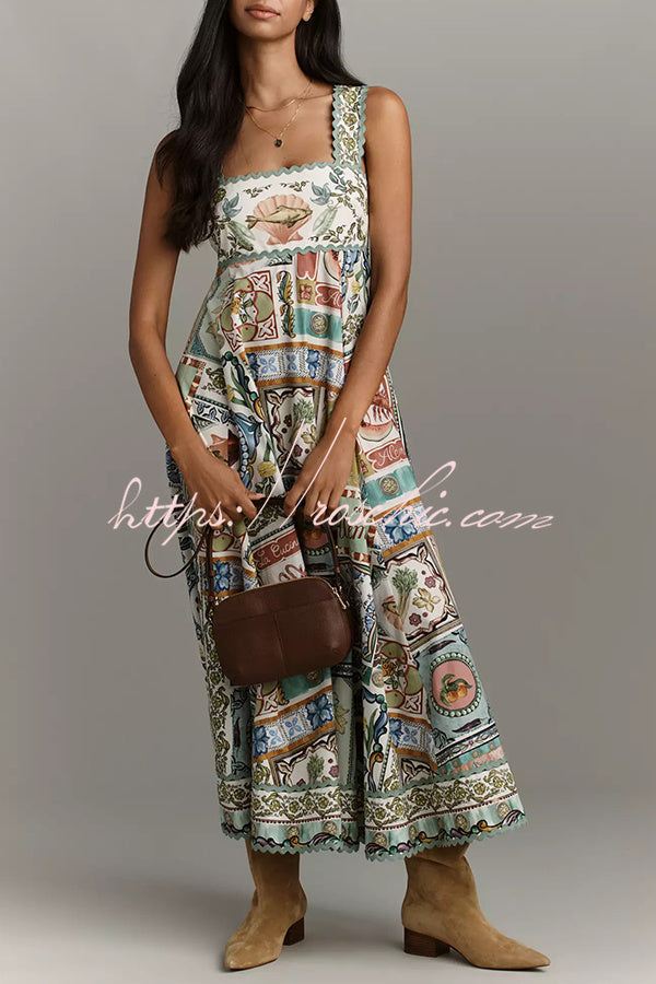 Sea Calling Linen Blend Unique Print Scalloped Detail Back Smocked Pocket Maxi Dress