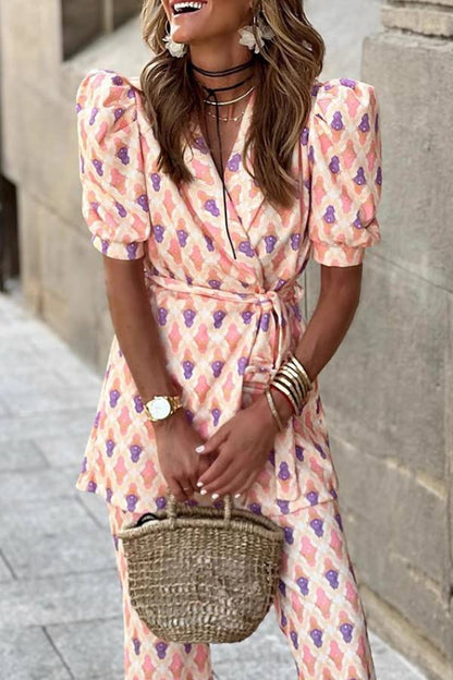 V-Neck Puff Sleeve Print Tie-Waist Wide-Leg Pants Set
