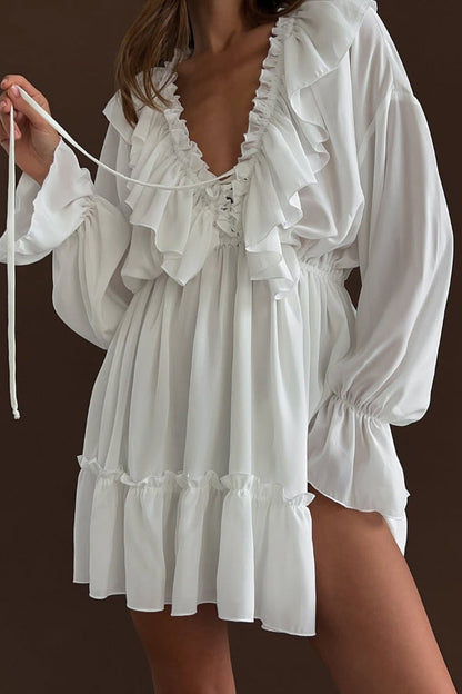 Solid Color V-neck Ruffled Ruched Long-sleeved Vacation Mini Dress
