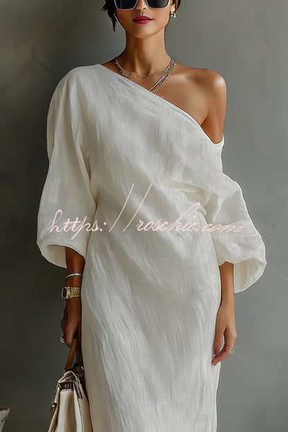 Linen Blend Loose-fitting One-shoulder Lantern Sleeve Casual Pocket Maxi Dress