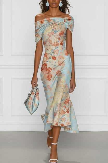 Floral Off-shoulder Sleeveless Fishtail Midi Dress