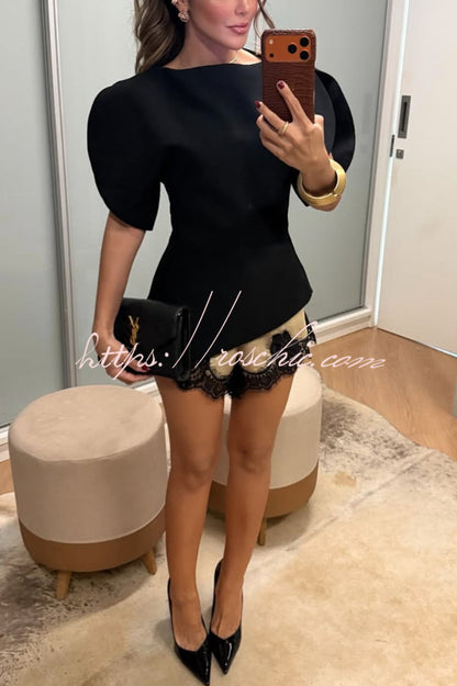 Fashionable Puff-sleeved Waist-cinching Asymmetrical Top