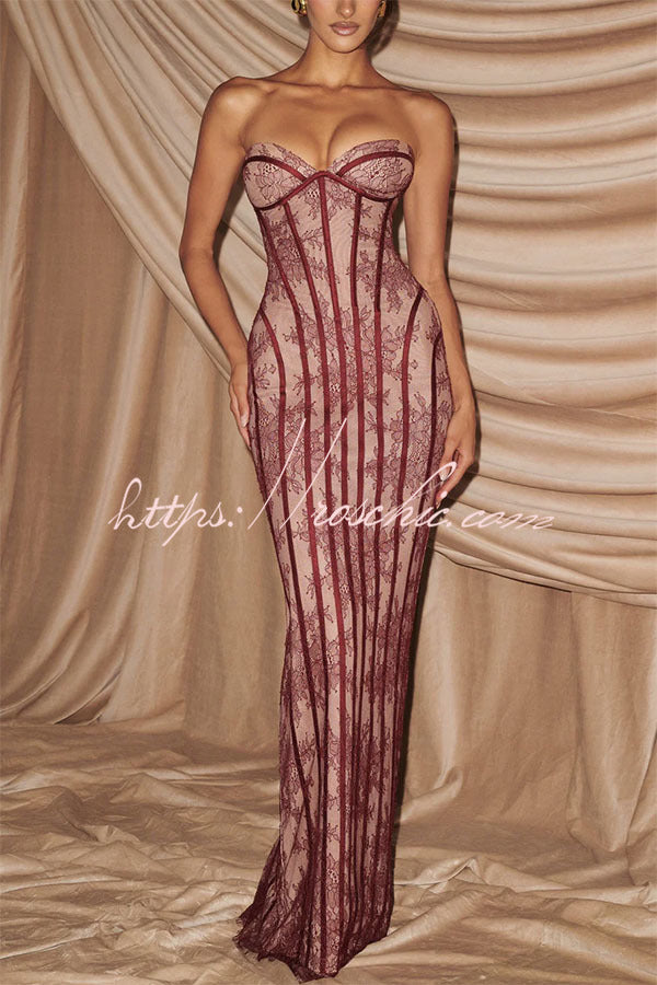 Sian Floral Lace Contrast Structural Detail Back Lace-up Strapless Slit Maxi Dress