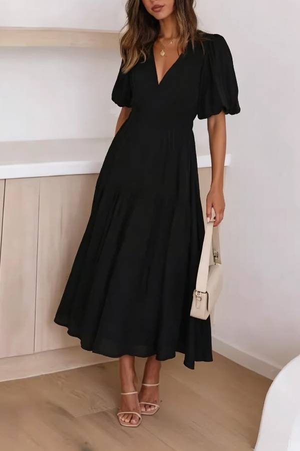 V-neck Puff Sleeve Elastic Waist Tiered Maxi Dress