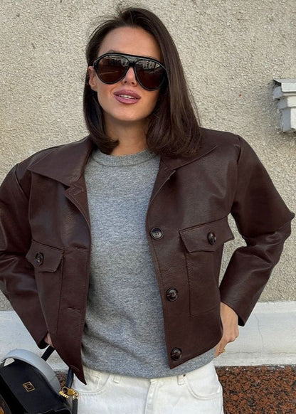 Nora Cropped Faux Leather Jacket – Structured Button-Down with Utility Pockets