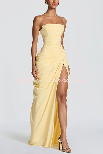 Cyra Back Lace-up Asymmetrical Pleats Strapless Slit Maxi Dress(Buy 2 Get Free Shipping)