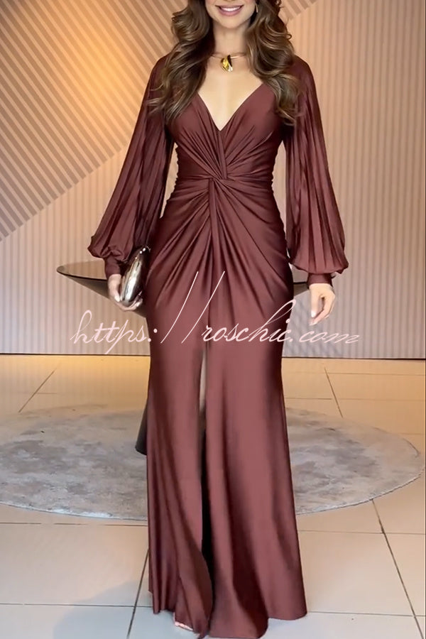 Raise A Toast Satin Long Balloon Sleeve Twist Waist Slit Maxi Dress
