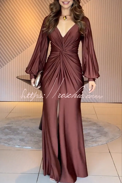 Raise A Toast Satin Long Balloon Sleeve Twist Waist Slit Maxi Dress