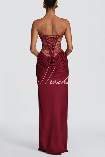 Kathleen Floral Lace Contrast Structural Detail Back Lace-up Satin Hem Strapless Maxi Dress
