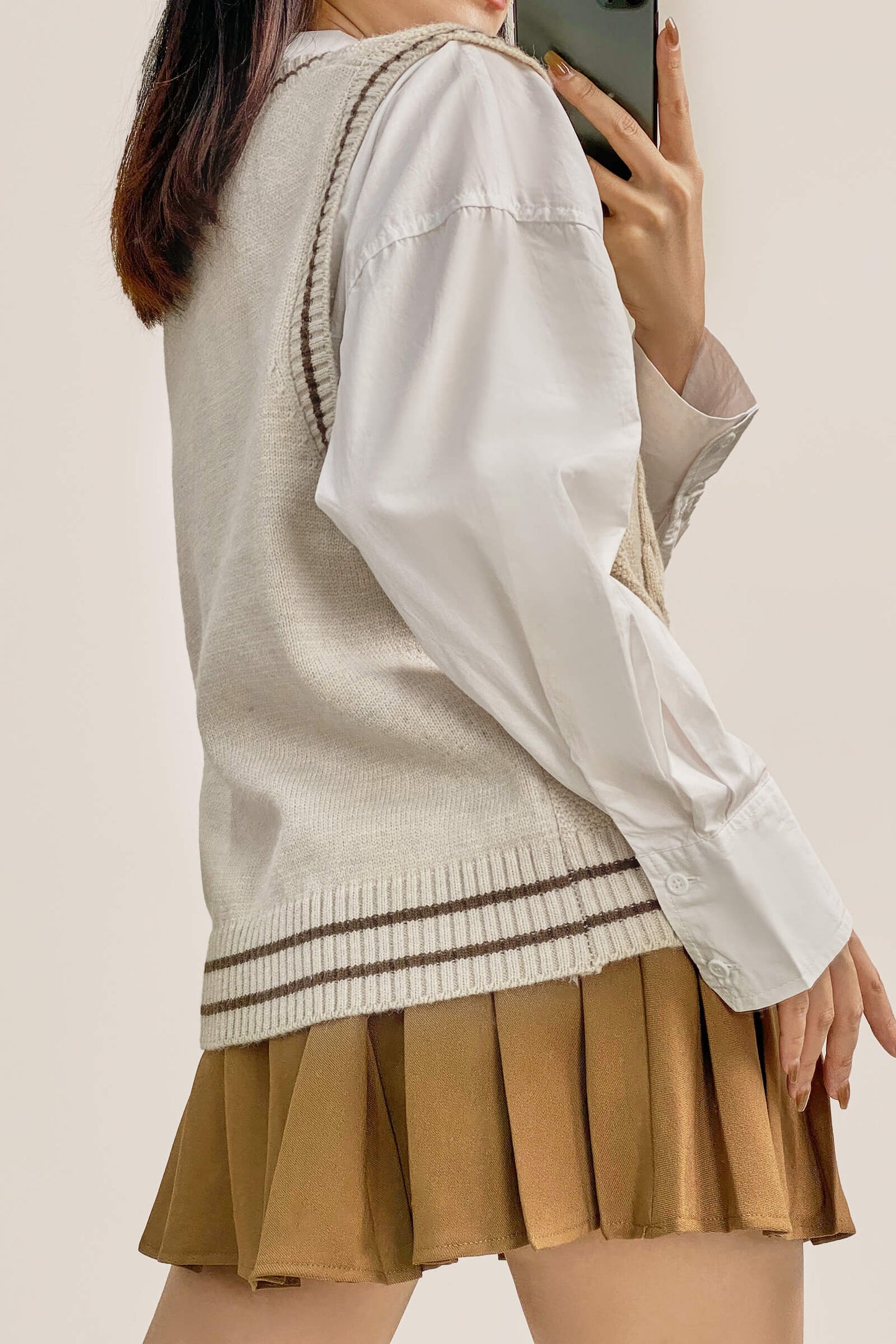 Ivory Cable Knit Striped Trim Sweater Vest