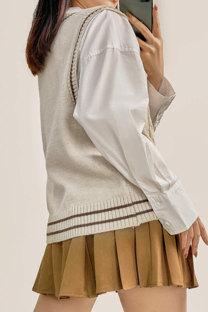 Ivory Cable Knit Striped Trim Sweater Vest