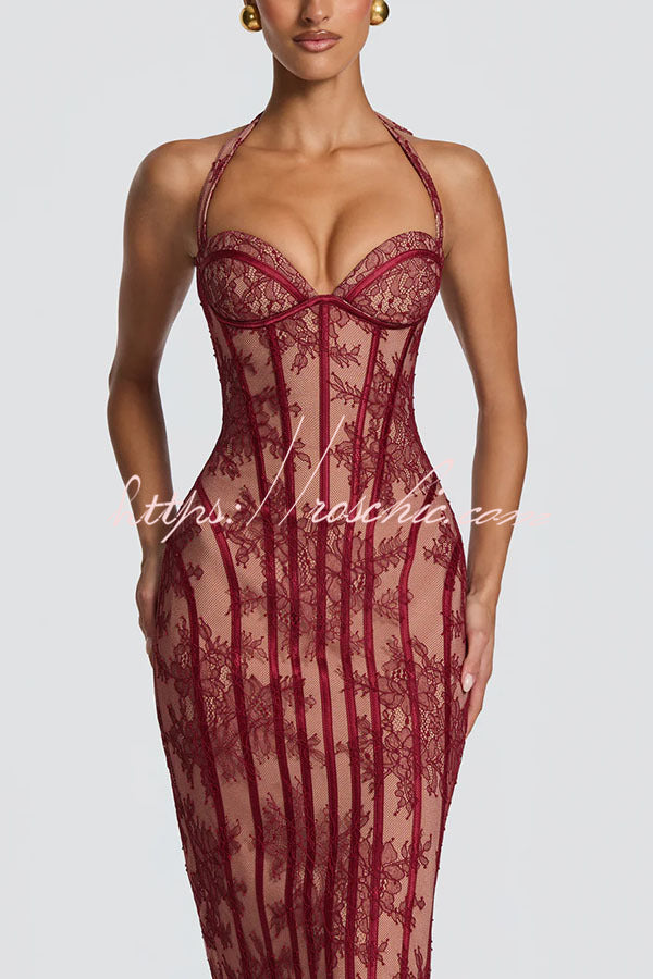 Rona Floral Lace Contrast Structural Detail Back Lace-up Halter Slit Midi Dress