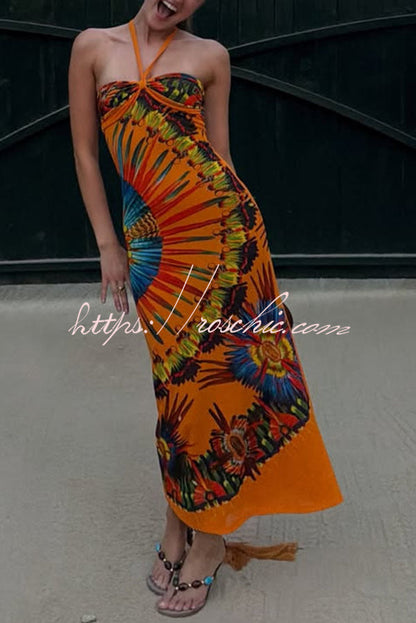 Ethnic-style Contrast Color Artistic Printed Beaded Halter Maxi Dress