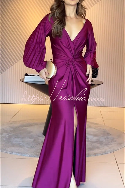 Raise A Toast Satin Long Balloon Sleeve Twist Waist Slit Maxi Dress