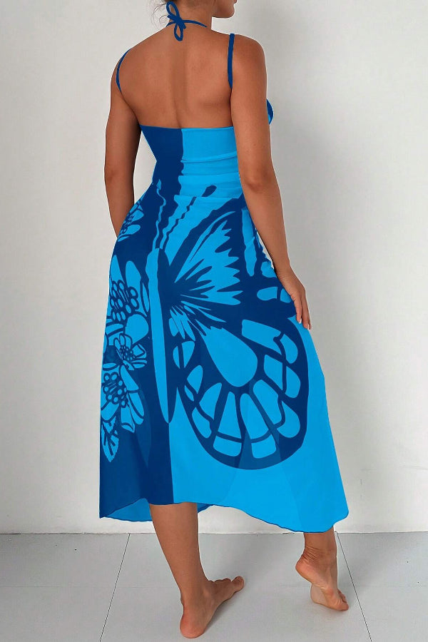 Fashionable Color-blocked Butterfly Print Resort Cover-up Midi Dress