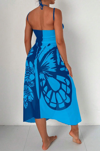 Fashionable Color-blocked Butterfly Print Resort Cover-up Midi Dress