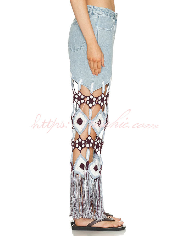 Belma Denim Handmade Embroidered Floral Crochet Detail Tassel Hem Pocket Jeans