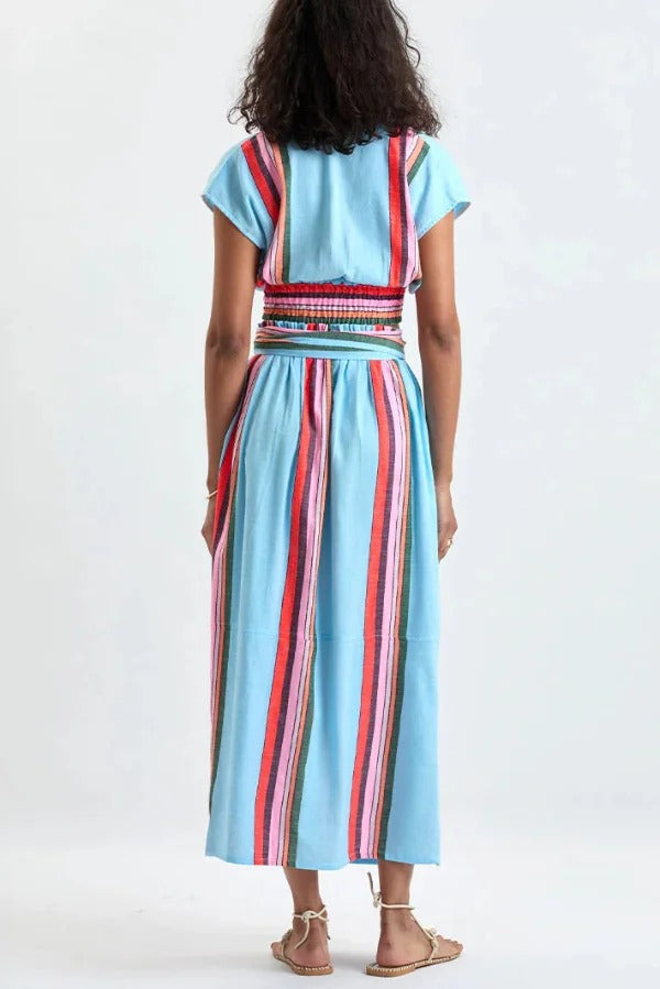 Stylish Striped Print V-neck Cropped Top and Elastic Waist Casual Maxi Skirt Set