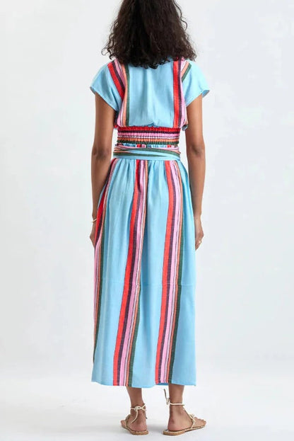 Stylish Striped Print V-neck Cropped Top and Elastic Waist Casual Maxi Skirt Set