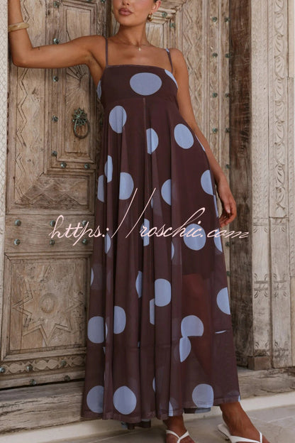 Polka Dot Print Mesh Spaghetti Strap Square Neck Vacation Maxi Dress