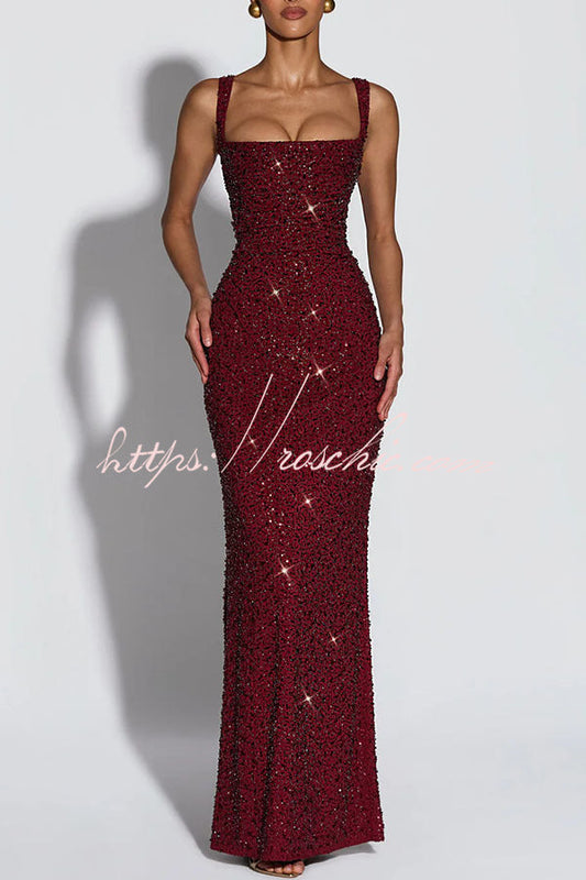 Calanthe Sequin Embellished Chiffon Ruched Square Neck Back Lace-up Maxi Dress