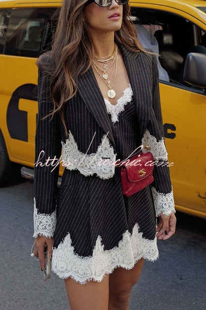 Emily in Paris Striped Lace Trim Lapel Crop Loose Blazer (Shipped Within 24 Hours)