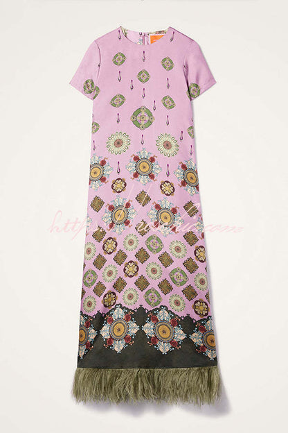 Lucia Satin Baroque Court Style Printed Short Sleeve Pocket Feather Trim Maxi Dress
